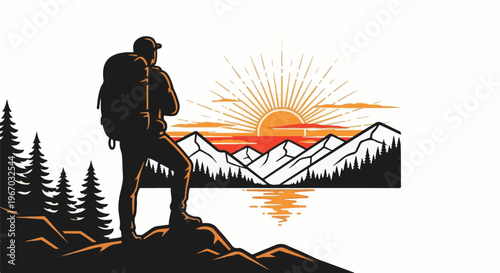 Hiker on a rocky outcrop overlooking mountains at sunrise reflecting in water