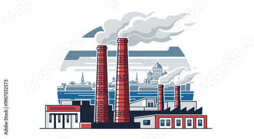 Industrial landscape with tall red smokestacks emitting smoke, against a cityscape