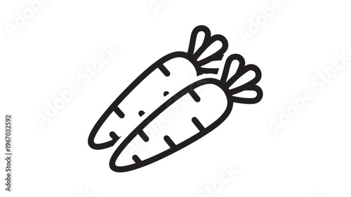 Carrots icon with two healthy root vegetables and leafy green tops, simple outline drawing on a white background.