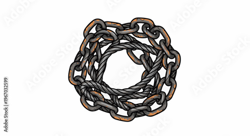 Intertwined rusty chains form a circular, caged structure