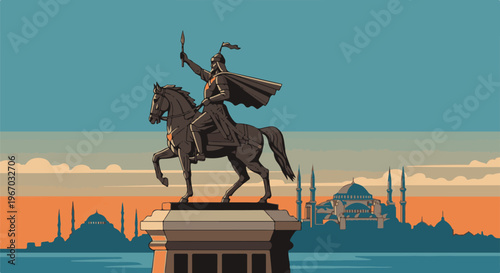 Pixel art of equestrian statue with mosque silhouette and serene sky