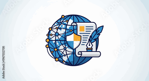 Global network security with a document, shield, and quill pen
