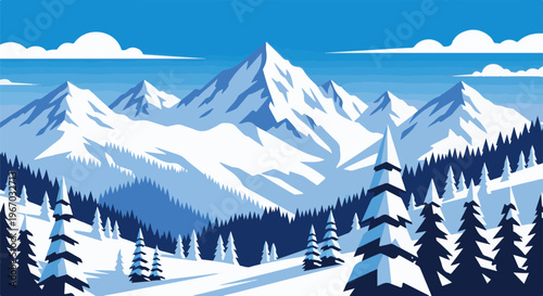 Pixel art winter landscape with snow-covered mountains and pine trees
