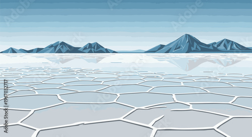 Pixelated expanse of cracked ice reflecting mountains under a pale sky