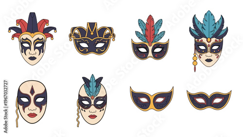 Collection of Eight Colorful Venetian Masks with Unique Designs and Feather Decorations for