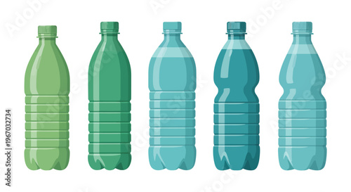 Vector illustration of five different colored plastic bottles in a row 