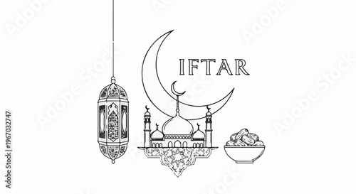 Ramadan Iftar celebration with crescent moon, mosque, dates, and lantern
