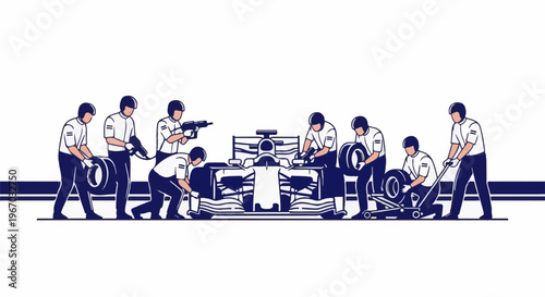 Racing crew performs swift tire change on a formula car, focused and precise