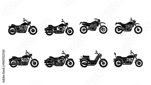 Collection of eight black silhouette motorcycle icons representing various styles and models