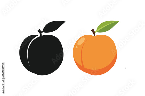 Vibrant Illustration of Two Peaches, One in Full Color and the Other in Silhouette, Isolated on White Background, Fresh and Juicy Fruit Concept.