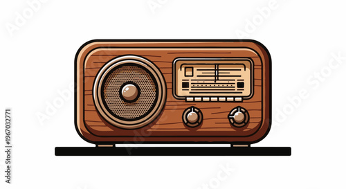 Retro wooden radio with speaker and tuning dial sits on a black stand