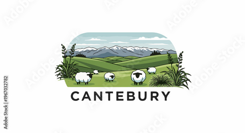 Rolling green hills and snow-capped mountains with sheep grazing near plants