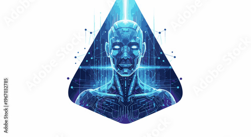 Futuristic glowing blue digital humanoid head, digital art