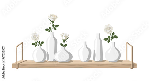 Seven white roses with green leaves are placed in seven white ceramic vases of various shapes on a light wooden floating shelf against a white background.