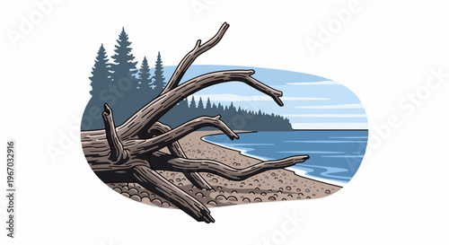 Gnarly driftwood rests on a pebbly shore with trees and blue water