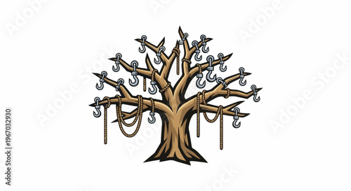 Stylized bare tree adorned with hooks and ropes, isolated on white