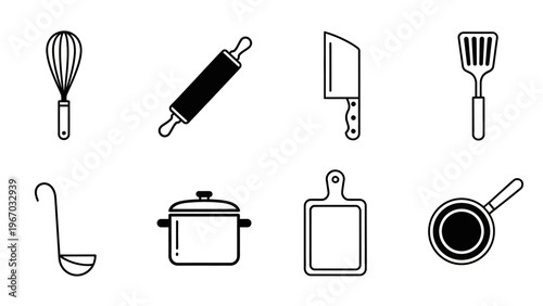 Collection of essential kitchen utensils and tools for cooking and baking in a minimalistic line