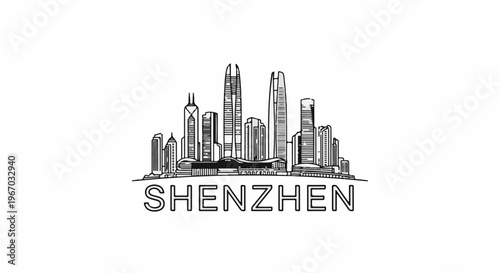 Stylized black and white sketch of a modern city skyline with text below