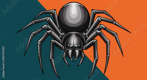 Stylized black spider with eight legs on teal and orange background