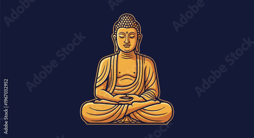Golden Buddha statue in meditation on dark blue background