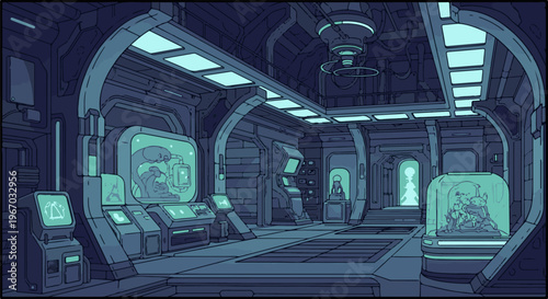 Futuristic laboratory with glowing screens and specimens in jars