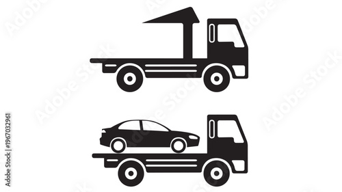 Tow truck icon with flatbed and car illustration, showing transport and towing services in a simple graphic design.