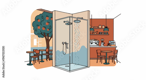 Surreal scene coffee shop and outdoor cafe merge with a shower stall