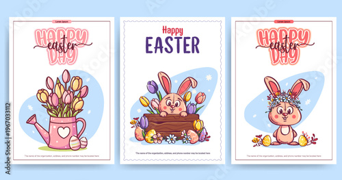 Easter Greeting Cards Bunny Tulips Cartoon Set