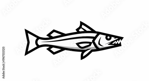 Fierce, stylized black and white illustration of a predatory fish with sharp teeth