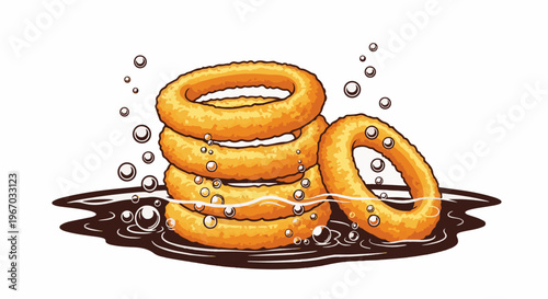 Golden fried onion rings submerged in a dark liquid with bubbles