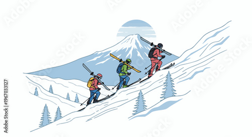 Three skiers ascend a snowy mountain slope towards a distant peak