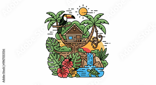 Tropical paradise with treehouse, waterfall, toucan, monkey, and turtle