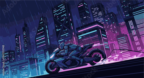 Futuristic rider in a sleek suit speeds on a motorcycle through a rainy neon city