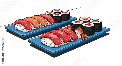 Two blue platters showcasing a variety of sushi and maki rolls