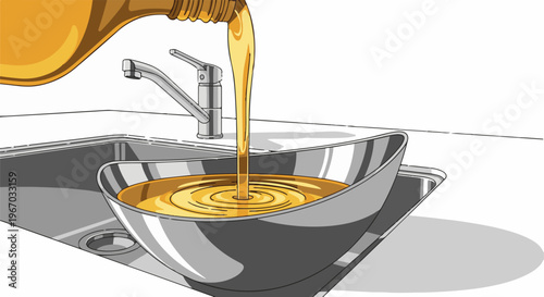 Golden liquid being poured from a bottle into a metal bowl in a sink