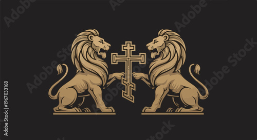 Two golden lions flank a stylized Orthodox cross on a dark background