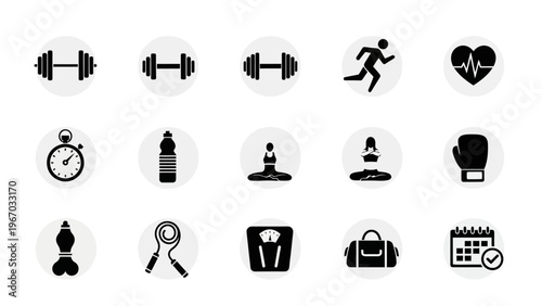 Collection of fitness and wellness icons representing exercise, health monitoring, and sports