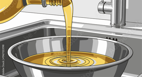 Golden liquid poured from bottle into sink basin
