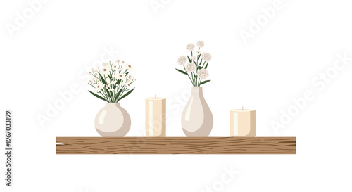 Two white floral bouquets in cream vases and two cream cylindrical candles are arranged on a rustic wooden plank shelf against a white background.