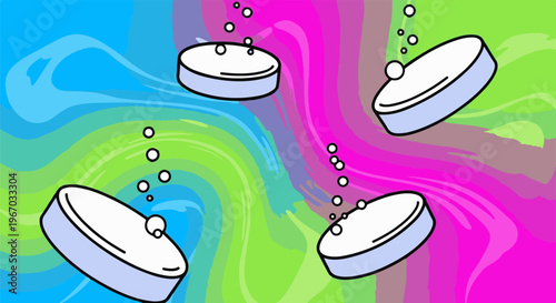Four effervescent tablets dissolve in swirling vibrant colors