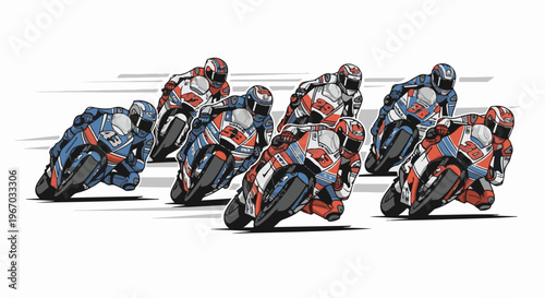 Dynamic pixel art depicting a group of motorcyclists in a race, leaning into curves