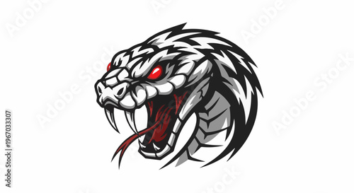Fierce stylized snake head with glowing red eyes and sharp fangs exposed