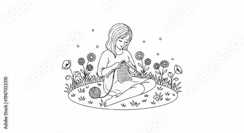 Young person knitting in a field surrounded by flowers and grass