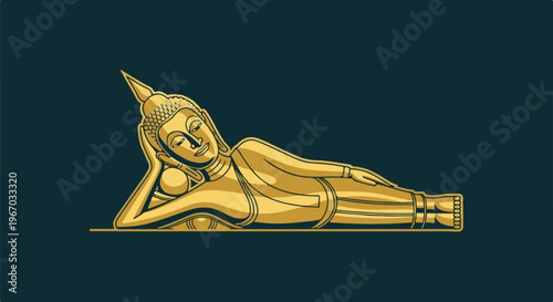 Golden reclining Buddha figure against dark teal background
