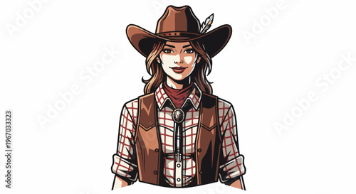 Woman in cowboy hat and plaid shirt with bolo tie and vest