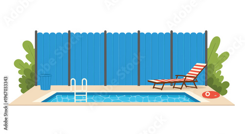 An outdoor rectangular swimming pool with a ladder is on a beige patio with a blue slatted fence, green bushes, a lounge chair, a trash can, and a lifebuoy.