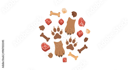 Various pet food items, including raw meat, bone biscuits, and kibble, are arranged in a circular pattern around two central paw prints on a white background.