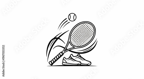 Dynamic illustration of tennis equipment in action, with ball and racket