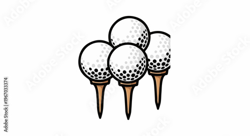Four golf balls perched on wooden tees, ready for play