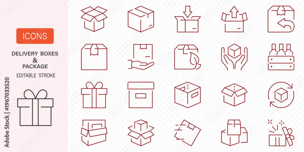 Obraz premium Delivery boxes and package, thin line icon set. Symbol collection in transparent background. Editable vector stroke